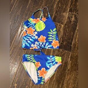 The Children’s Place Blue and Orange Floral Kids Tankini.  Size 10/12